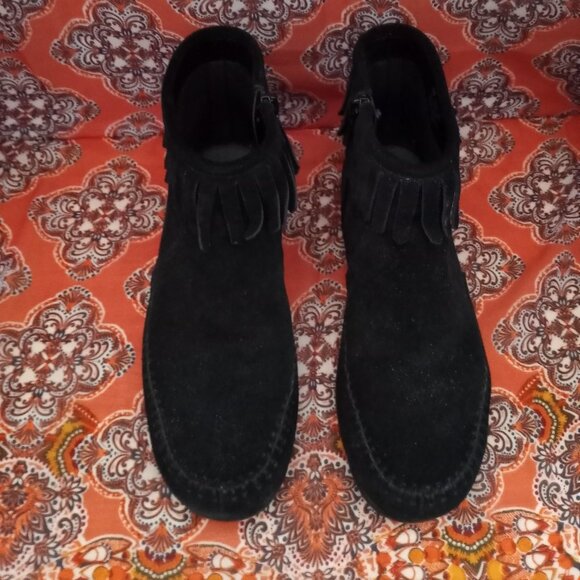 AEROSOLES Linbo Moccasin Style Fringe Black Suede Ankle Boots Size 6 - Picture 3 of 14